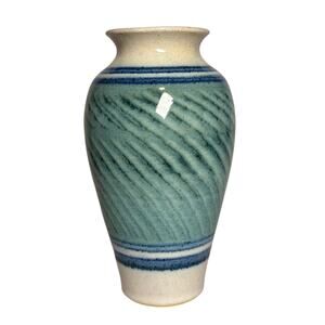 Hand Thrown Studio Pottery Vase Blue Green Glaze Signed B 7” Coastal Decor